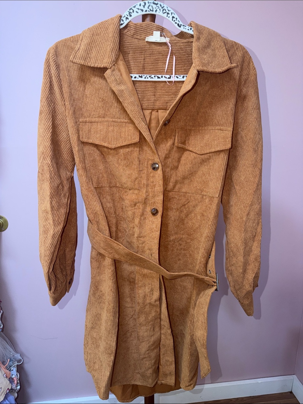 entro Corduroy Belted Shirt Dress in Rust